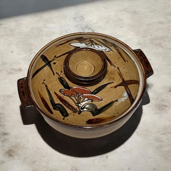 Vintage Glazed Stoneware Japanese covered rice bowl/crock w/lid MCM floral‎ - Picture 1 of 13